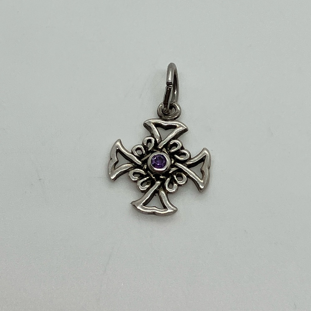 Vtg 925 Sterling Silver Amethyst Celtic Cross Charm / Pendant